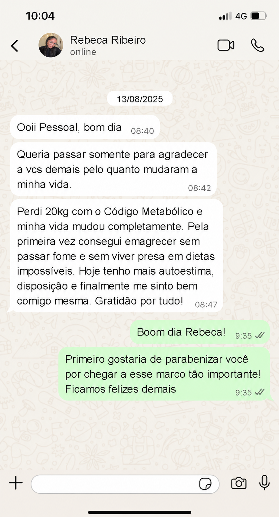 Mensagem de WhatsApp da Rebeca Ribeiro agradecendo pela transformação