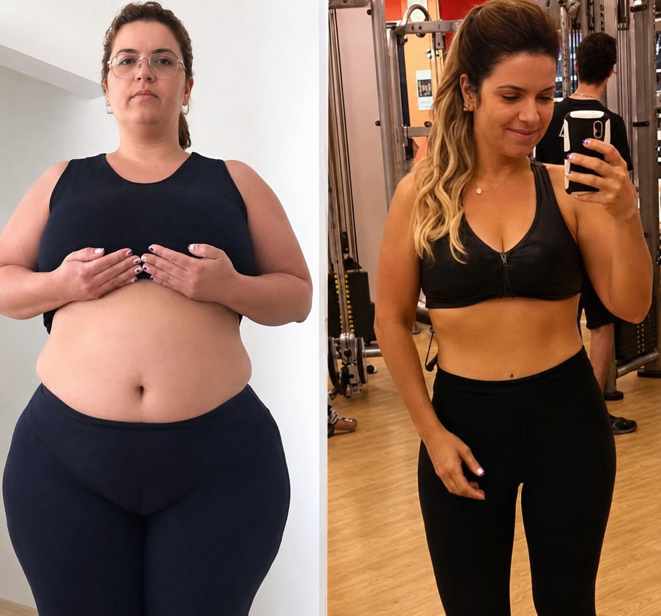 Antes e depois de aluna com grande transformação corporal