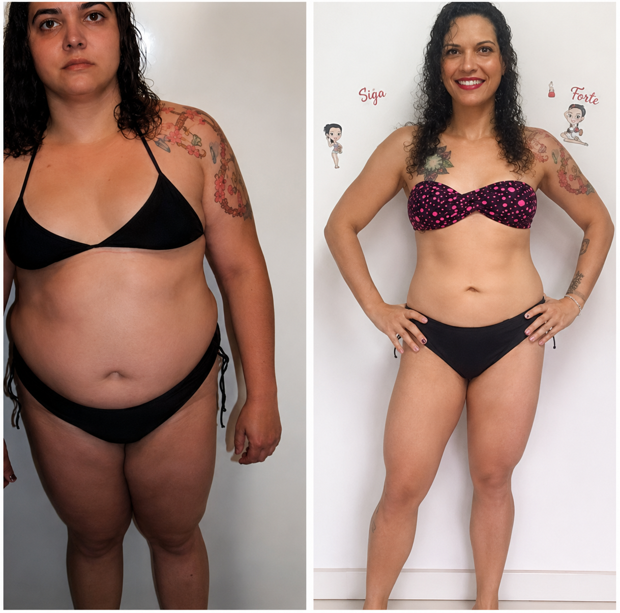 Antes e depois de aluna em biquíni mostrando emagrecimento
