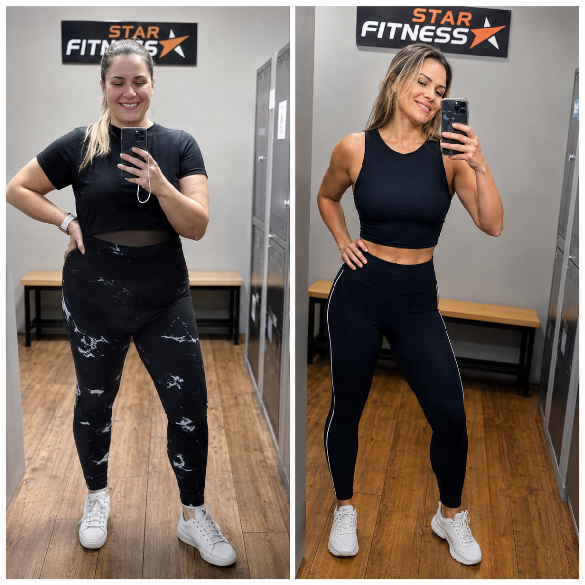 Antes e depois em academia com transformação física