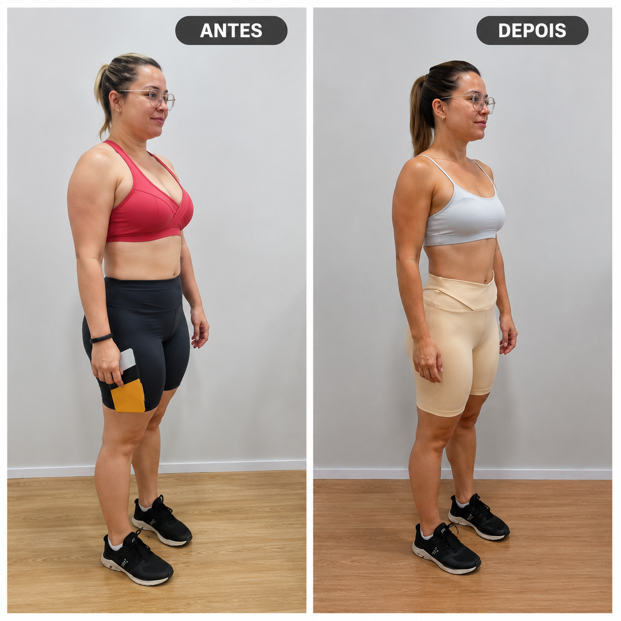 Antes e depois lateral com redução de medidas