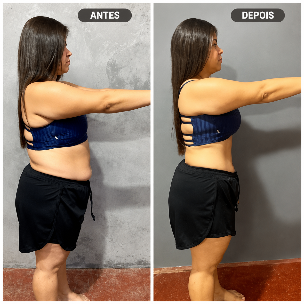 Antes e depois lateral mostrando evolução da silhueta