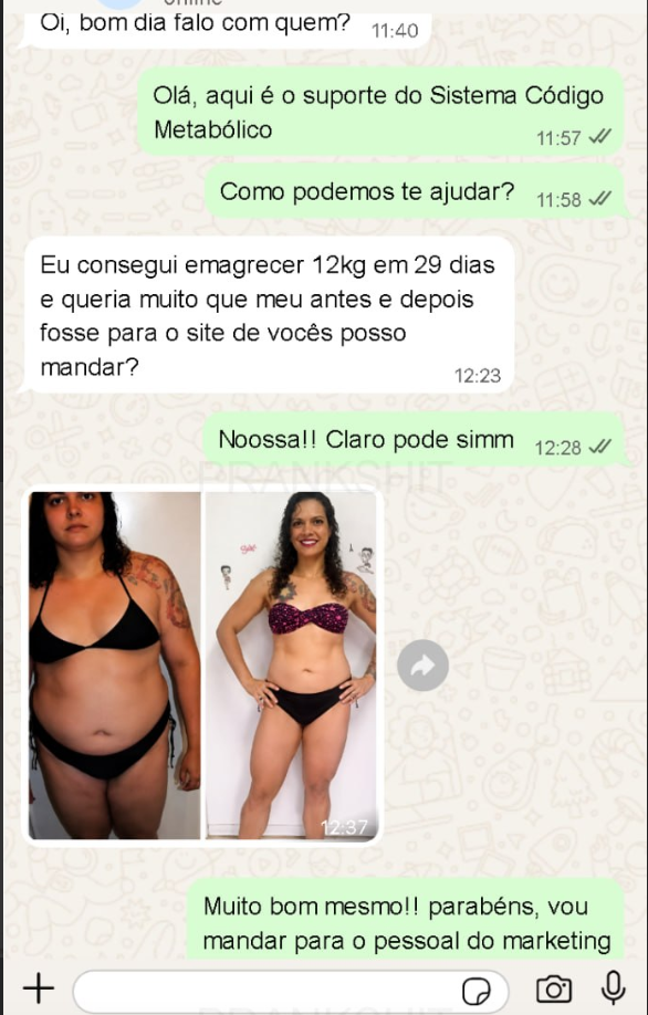 Mensagem de WhatsApp com pedido para compartilhar antes e depois